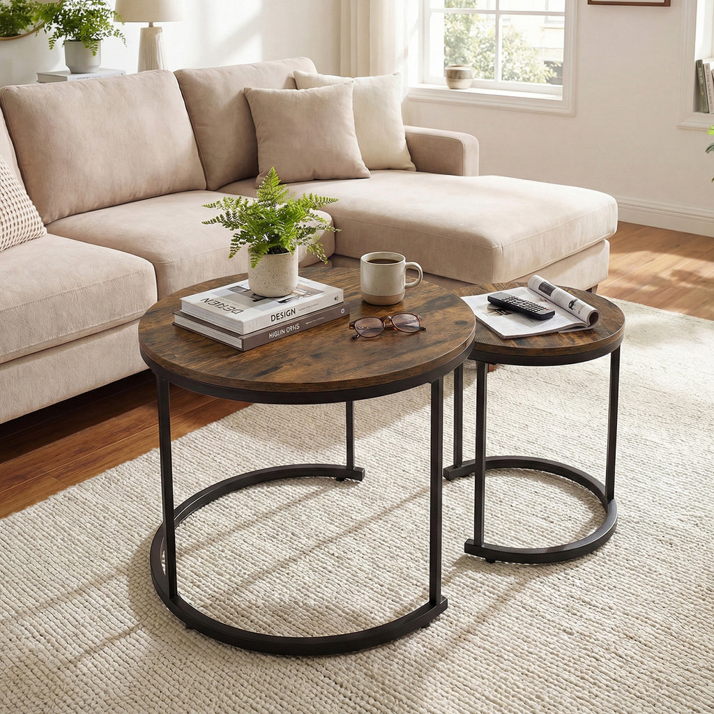 Modern Round Nesting Coffee Tables Set of 2 - Rustic Brown
