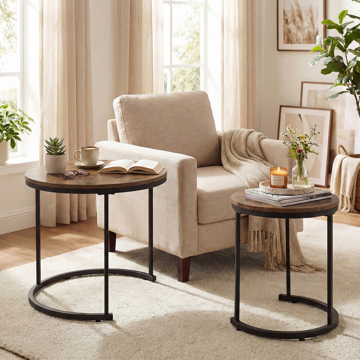 Modern Round Nesting Coffee Tables Set of 2 - Rustic Brown