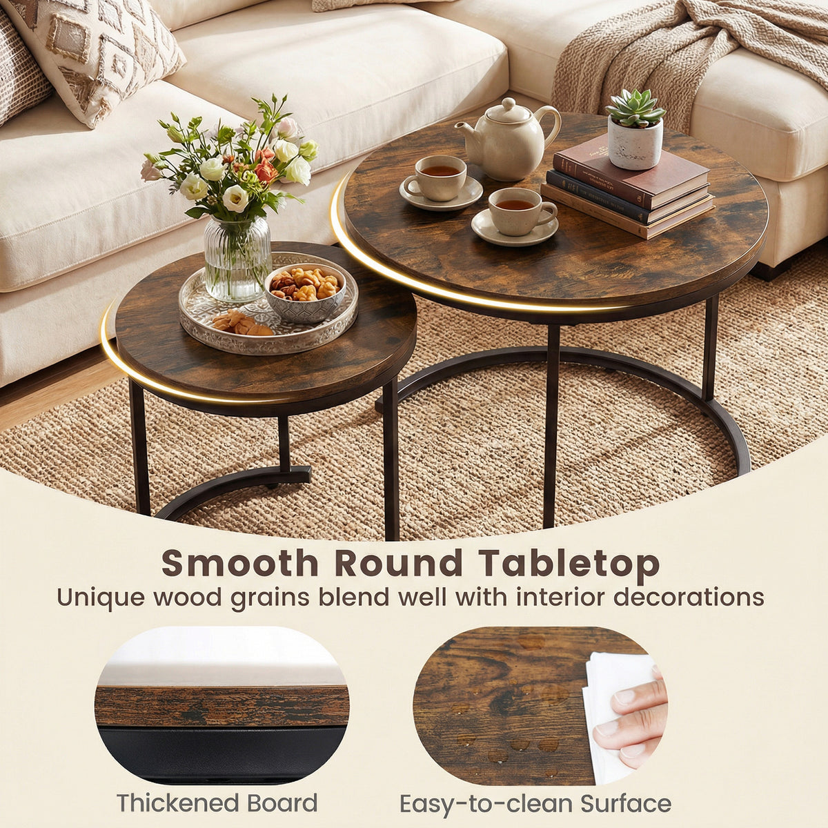 Modern Round Nesting Coffee Tables Set of 2 - Rustic Brown