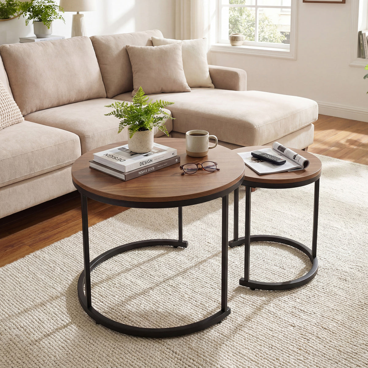 Modern Round Nesting Coffee Tables Set of 2 - Light Brown