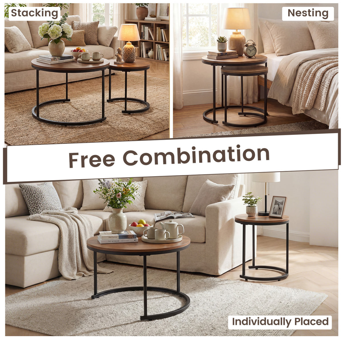 Modern Round Nesting Coffee Tables Set of 2 - Light Brown