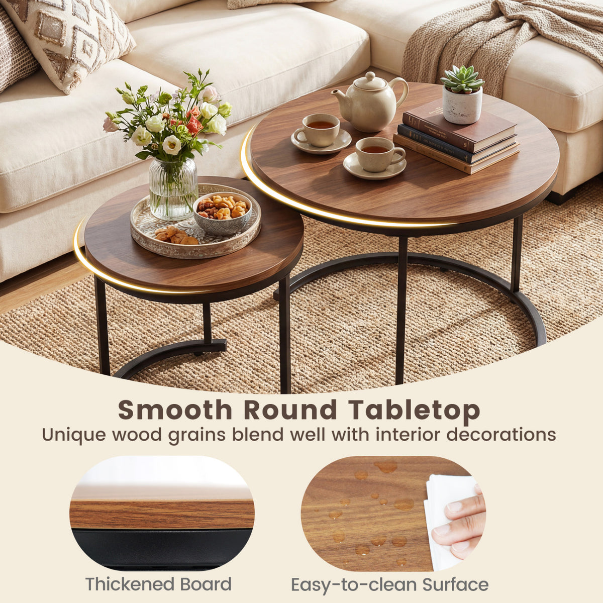 Modern Round Nesting Coffee Tables Set of 2 - Light Brown