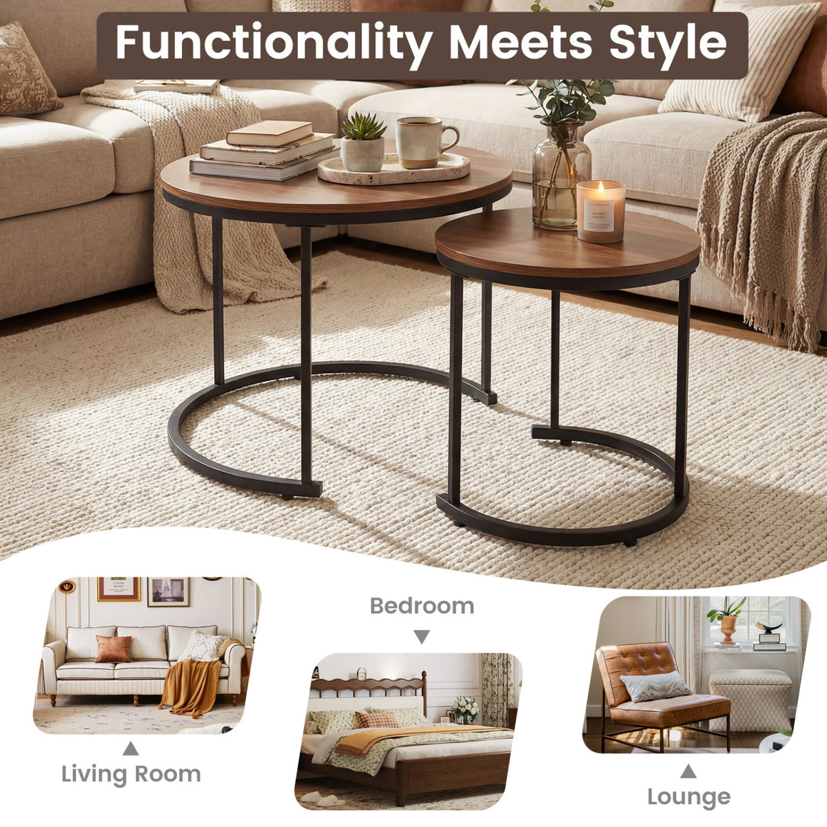 Modern Round Nesting Coffee Tables Set of 2 - Light Brown