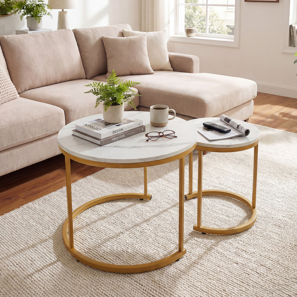 Modern Round Nesting Coffee Tables Set - Semicircular Bottom, Golden