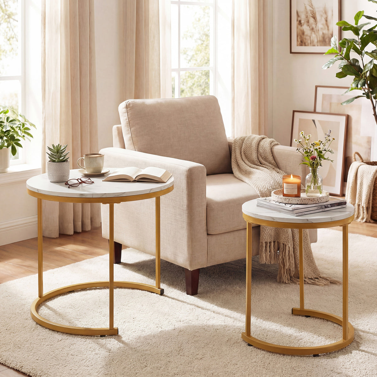 Modern Round Nesting Coffee Tables Set - Semicircular Bottom, Golden