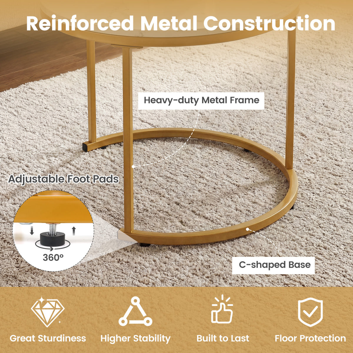 Modern Round Nesting Coffee Tables Set - Semicircular Bottom, Golden
