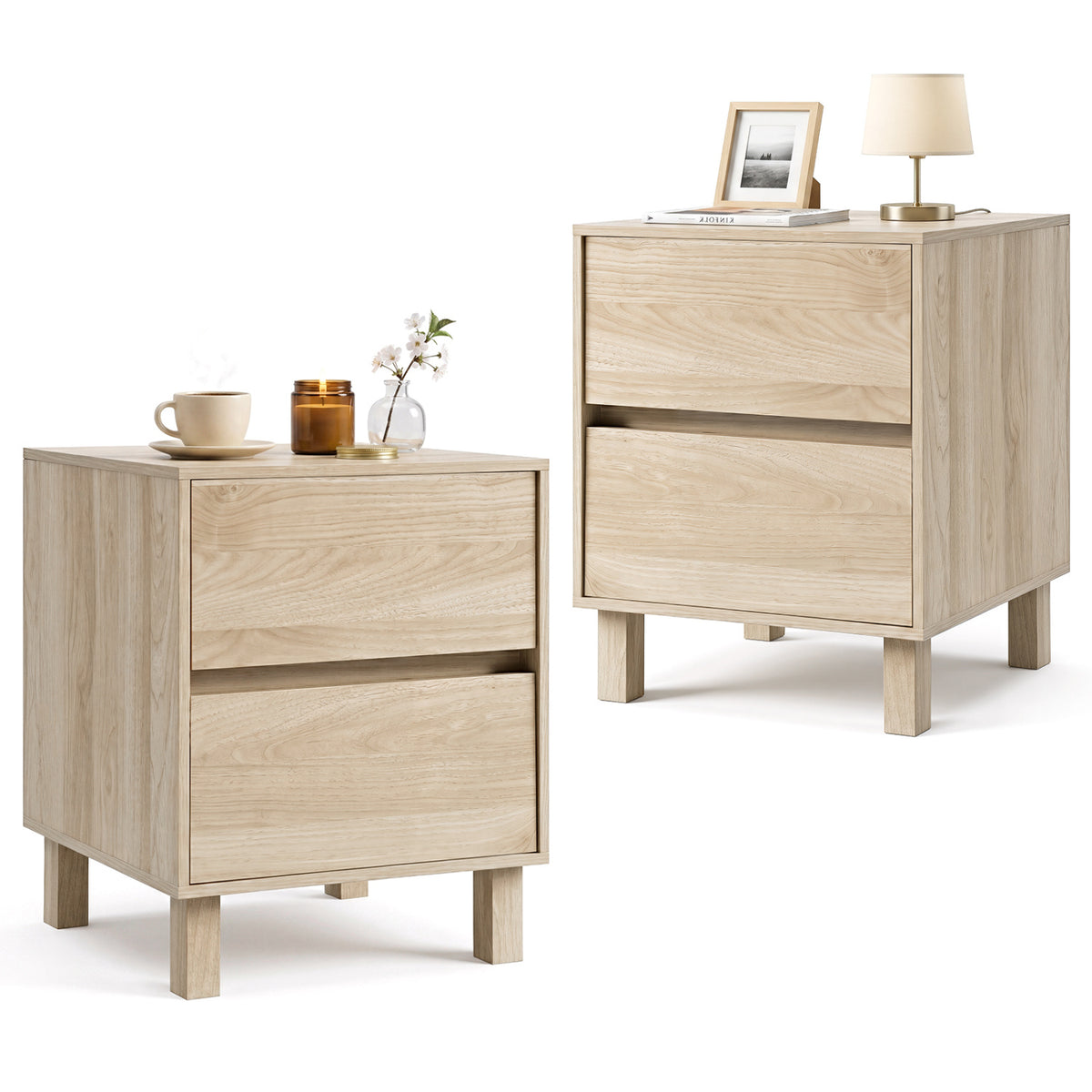 Modern Wooden End Table with 2 Storage Drawers, Natural, Set of 2