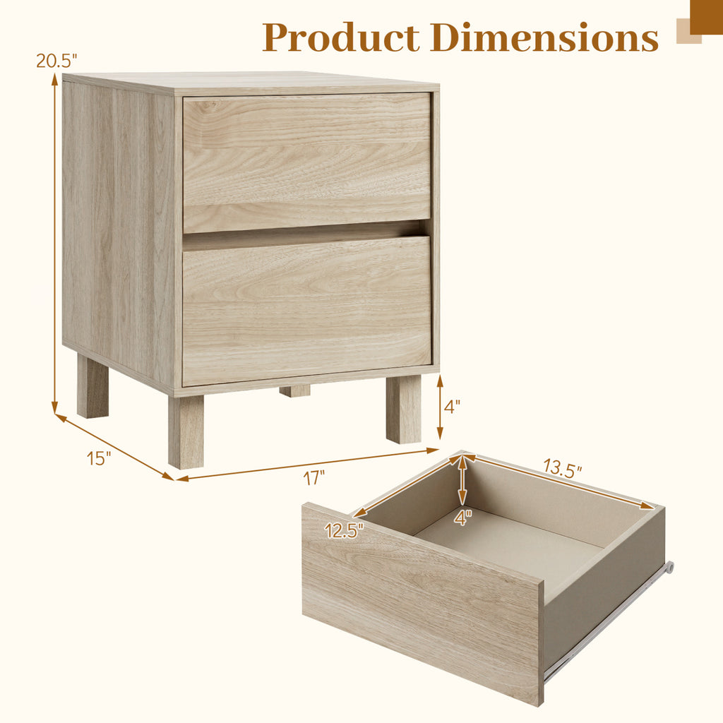 Modern Wooden End Table with 2 Storage Drawers, Natural, Set of 2