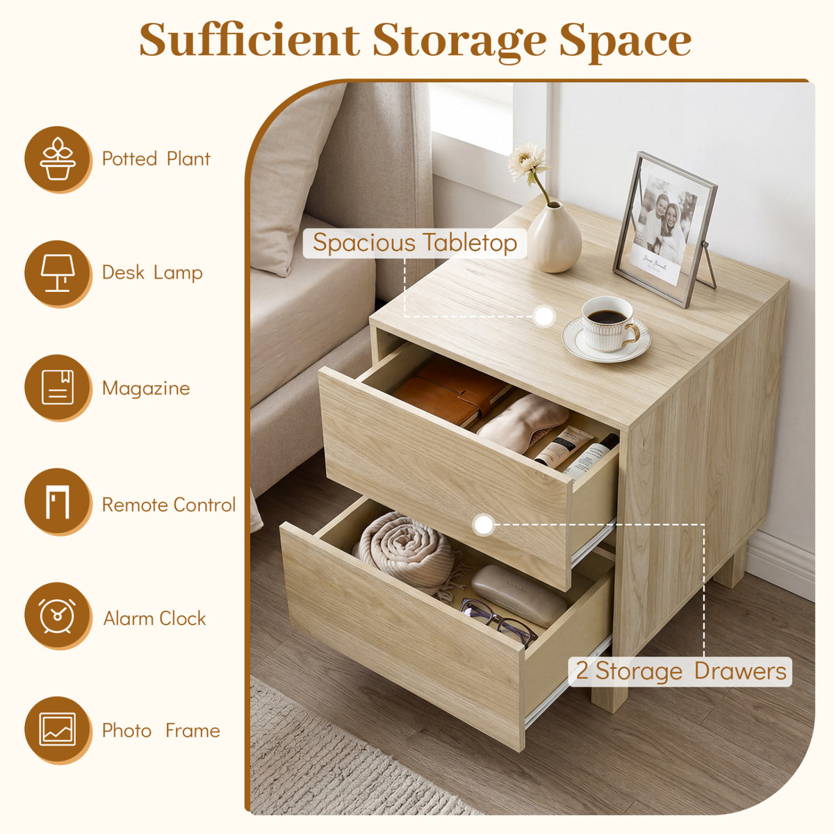 Set of 2 Modern Wooden End Tables with Storage Drawers - Natural