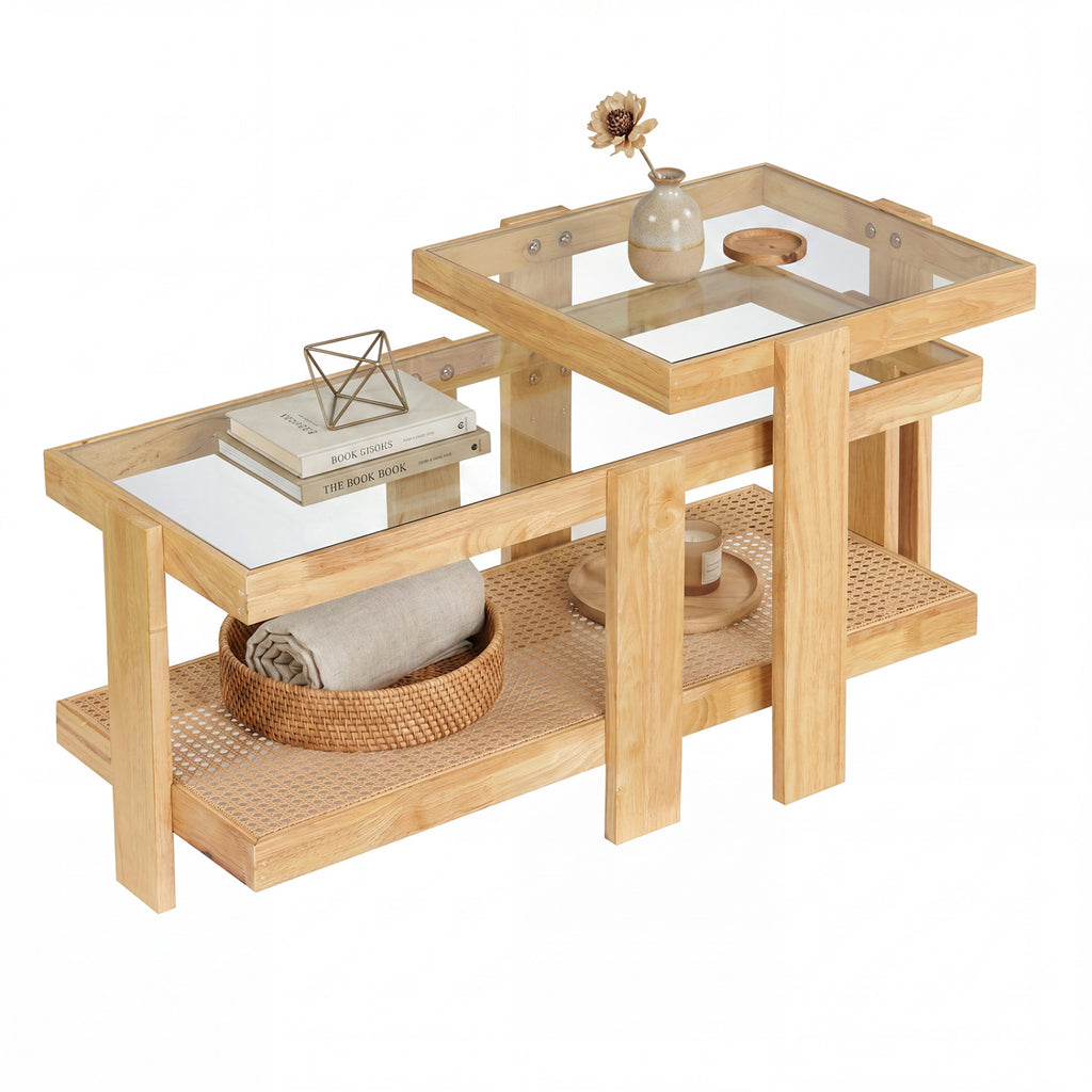 Nesting Coffee Table Set with Rattan Accent - Natural