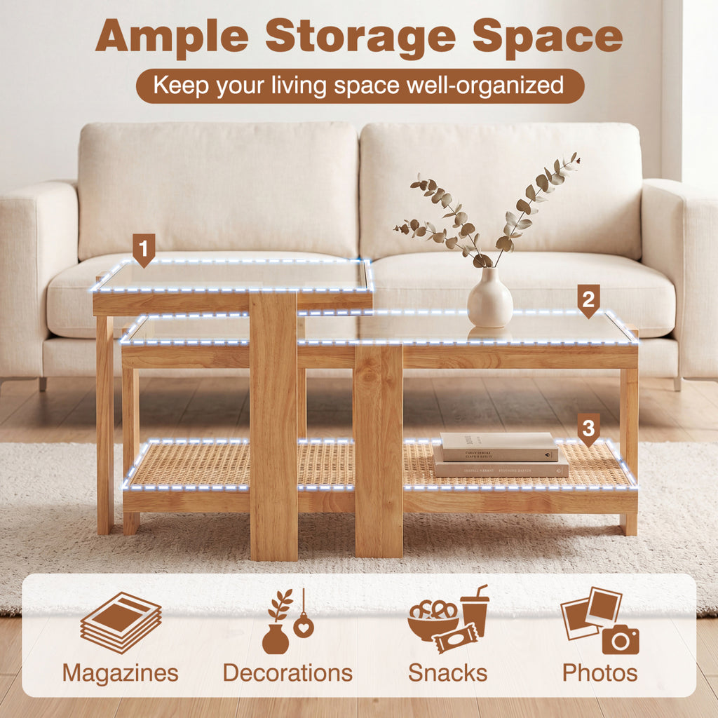 Nesting Coffee Table Set with Rattan Accent - Natural