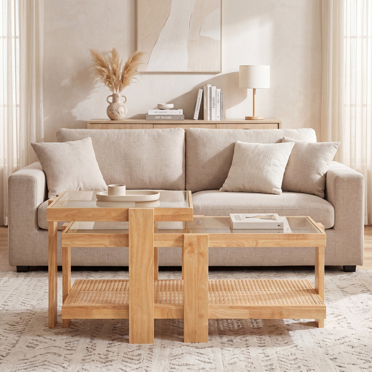 Nesting Coffee Table Set with Rattan Accent - Natural