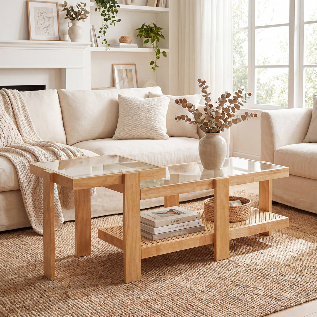 Nesting Coffee Table Set with Rattan Accent - Natural