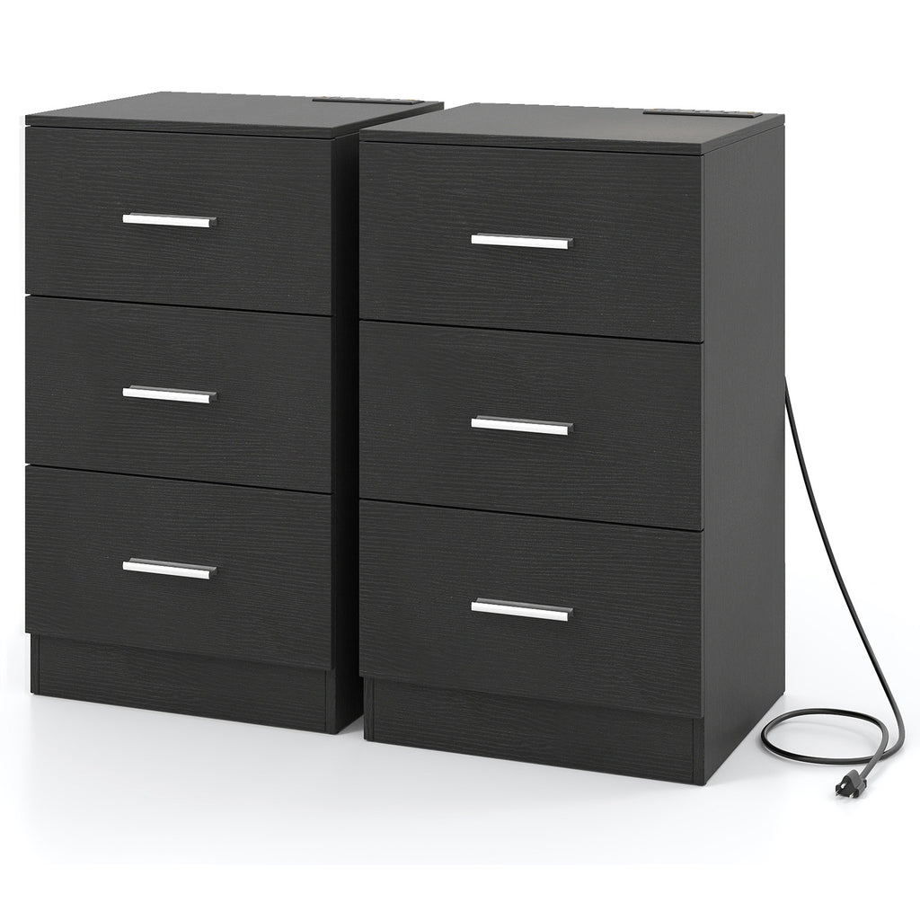 Nightstand with Charging Station & 3 Drawers, Set of 2 - Natural
