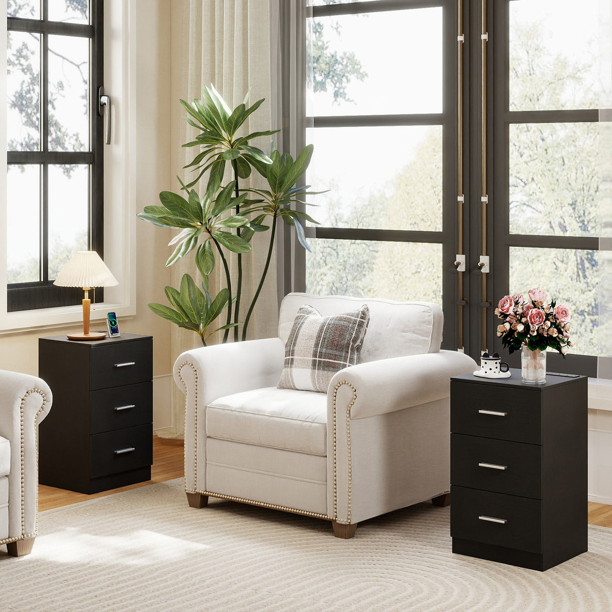 Nightstand with Charging Station & 3 Drawers, Set of 2 - Natural