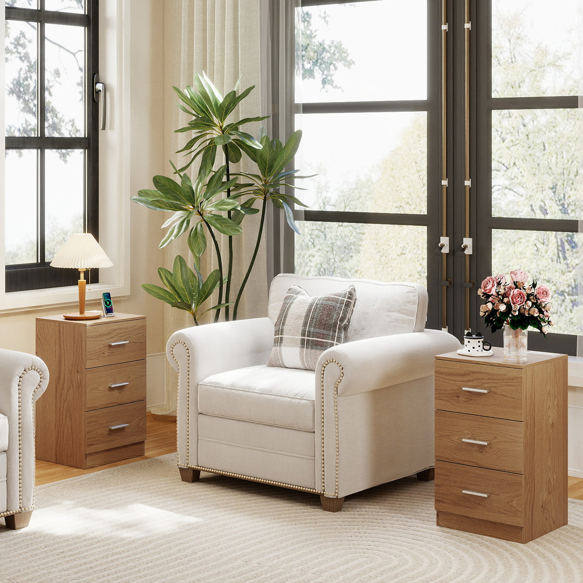 Nightstand with Charging Station & 3 Drawers, Set of 2 - Natural