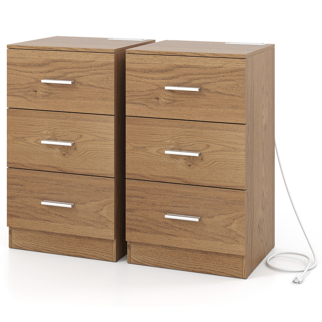 Nightstand with Charging Station Set of 2 - Natural, 3 Drawer