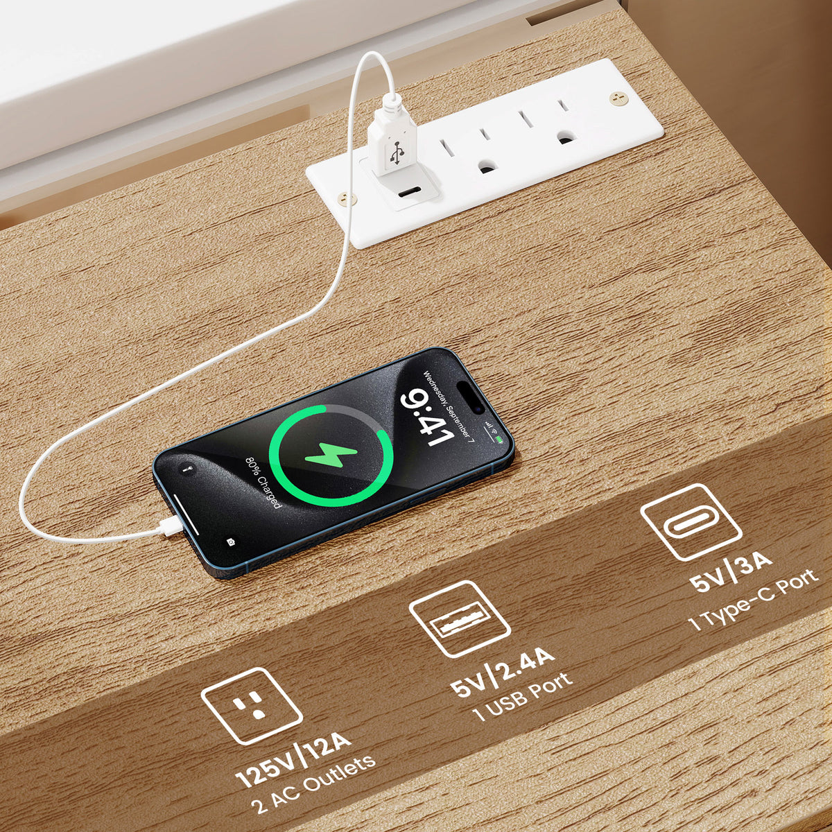 Nightstand with Charging Station & 3 Drawers, Set of 2 - Natural