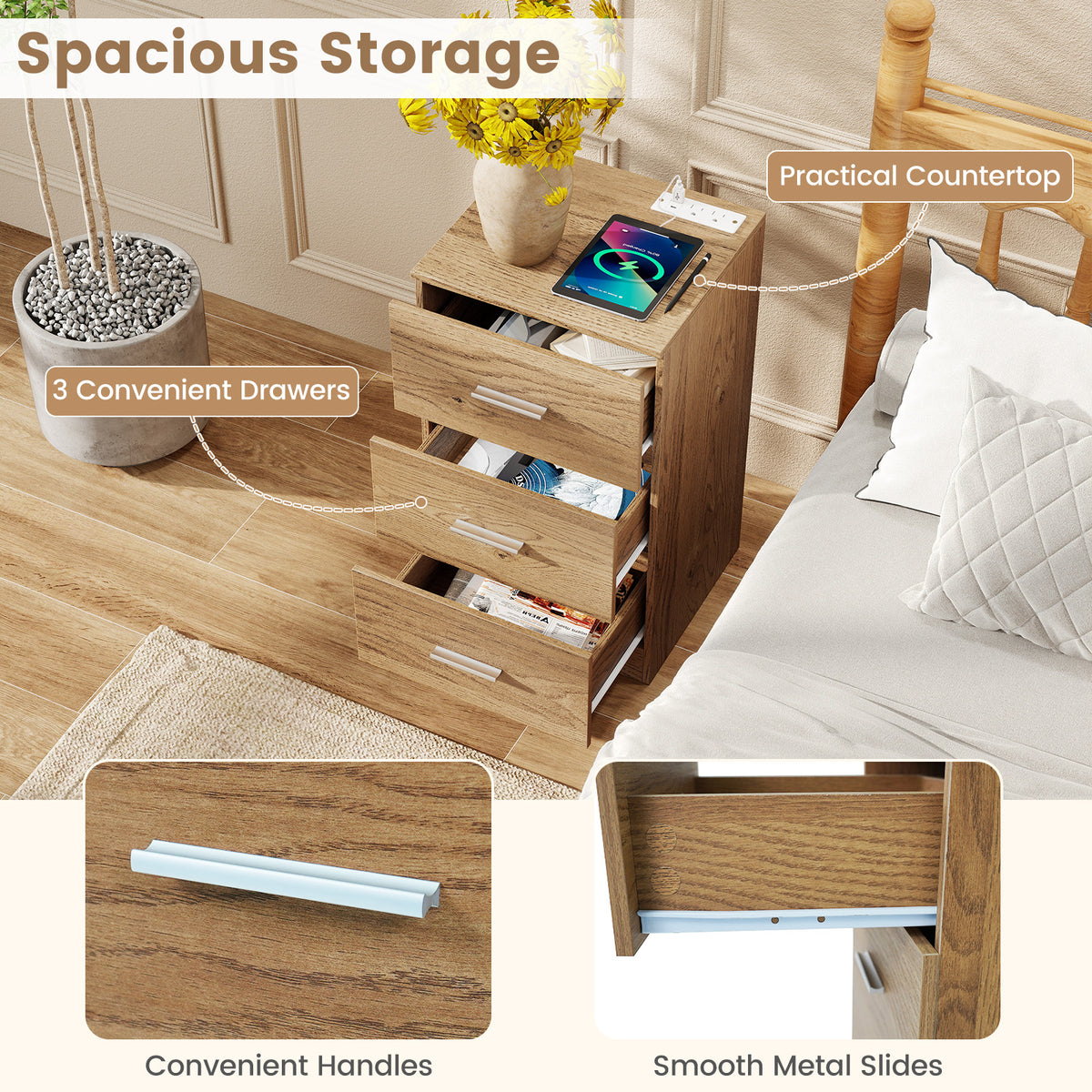 Nightstand with Charging Station & 3 Drawers, Set of 2 - Natural