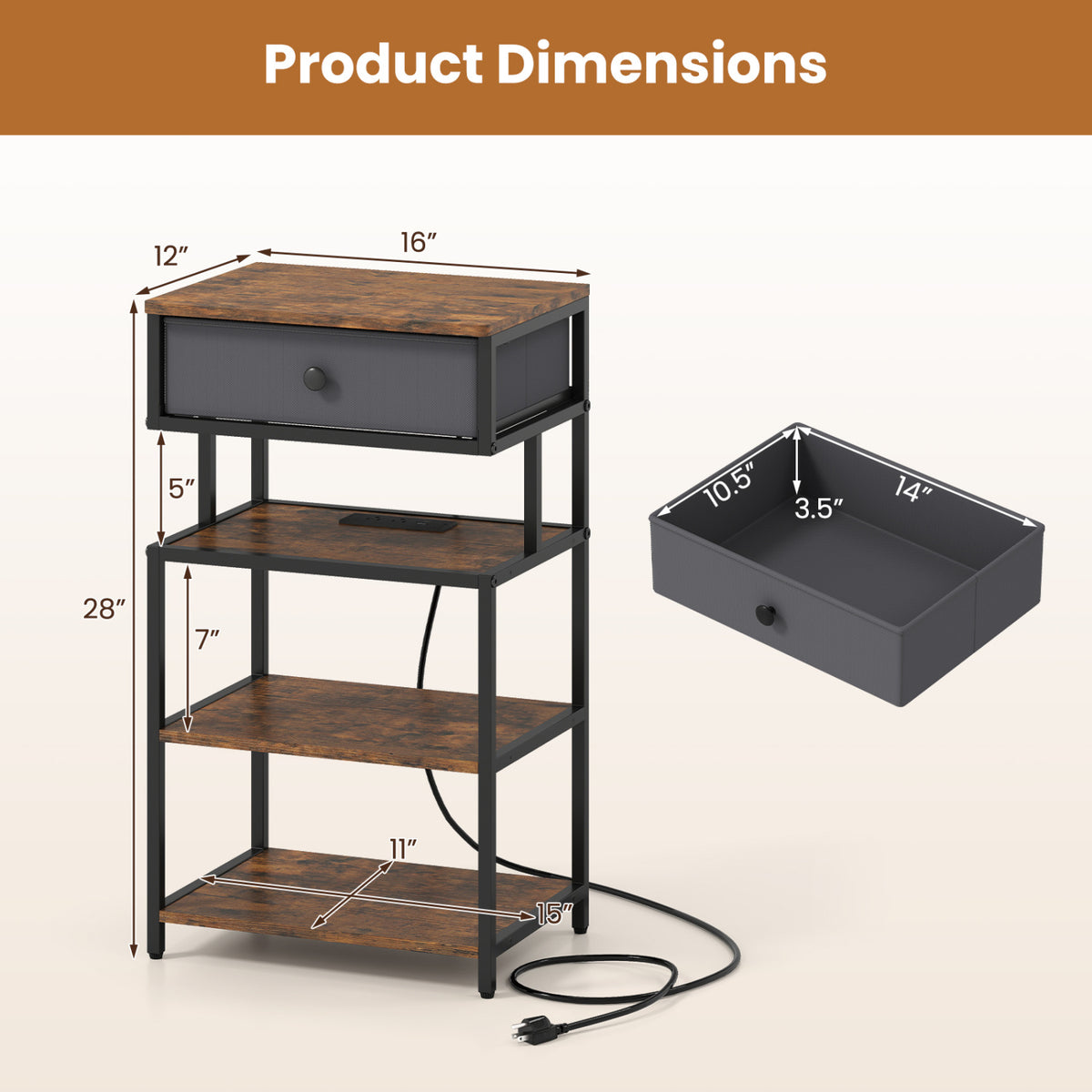 Nightstand with Charging Station Set of 2, 28 Inch, Rustic Brown