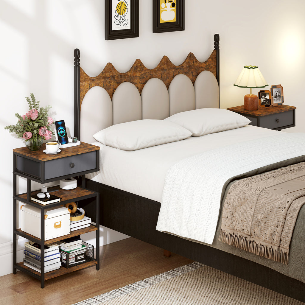 Nightstand with Charging Station Set of 2, 28 Inch, Rustic Brown