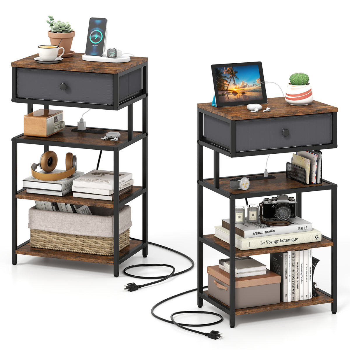 Nightstand with Charging Station Set of 2, 28 Inch, Rustic Brown
