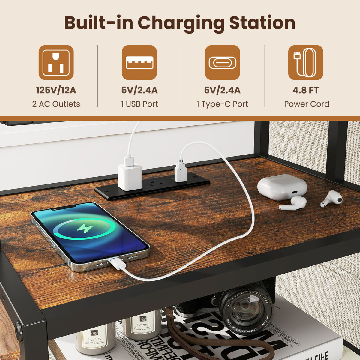 Nightstand with Charging Station Set of 2, 28 Inch, Rustic Brown