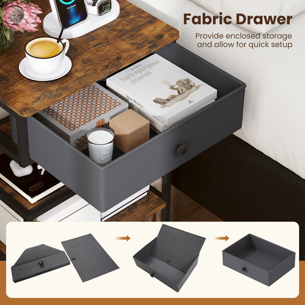 Nightstand with Charging Station Set of 2, 28 Inch, Rustic Brown