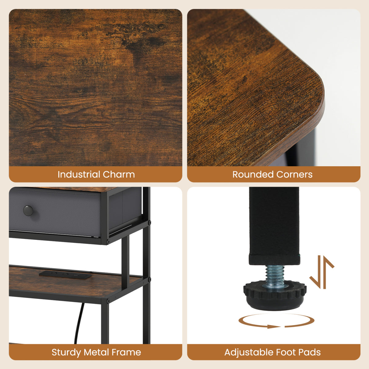 Nightstand with Charging Station Set of 2, 28 Inch, Rustic Brown