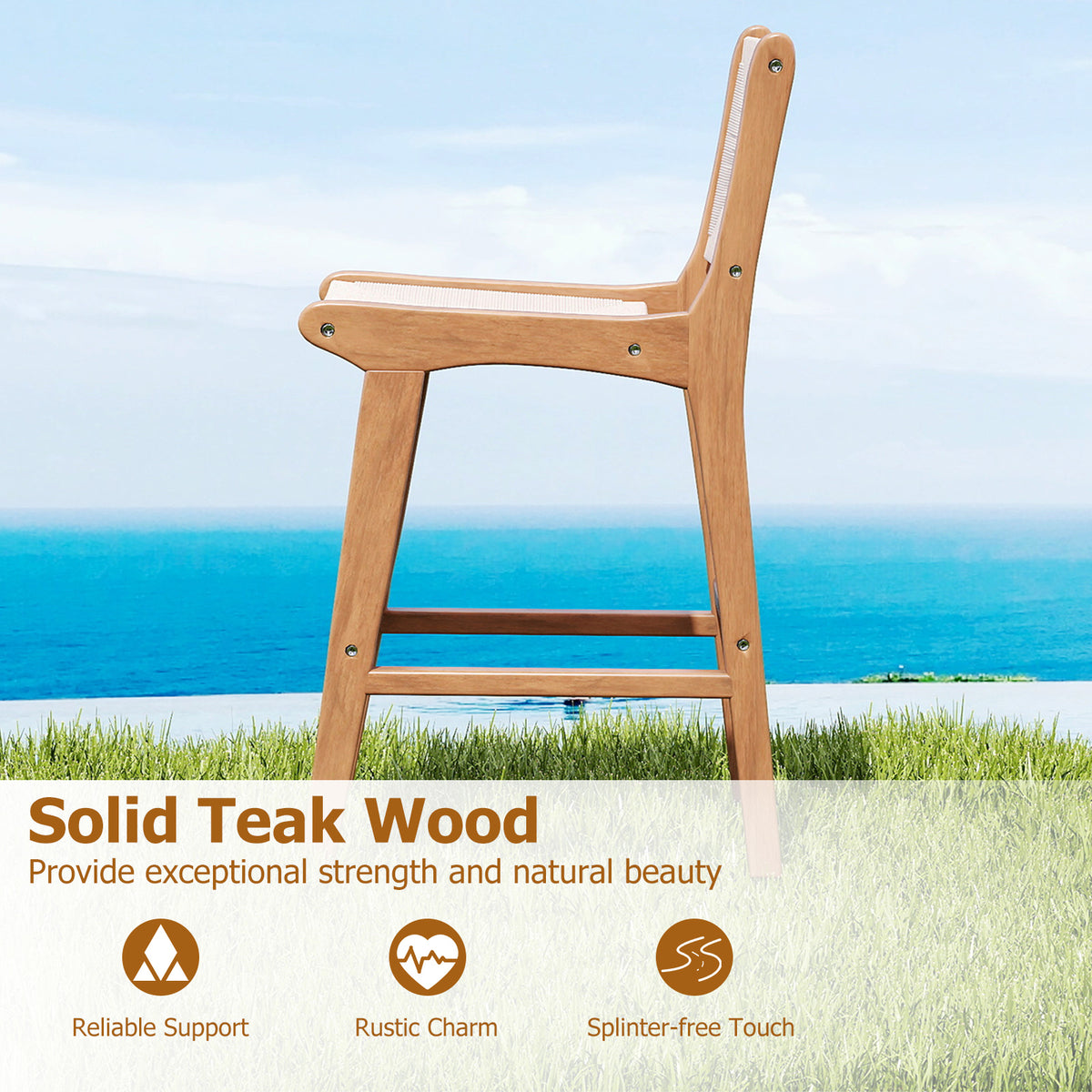 Set of 2 Outdoor Counter Height Bar Stool Woven Paper Rope Patio