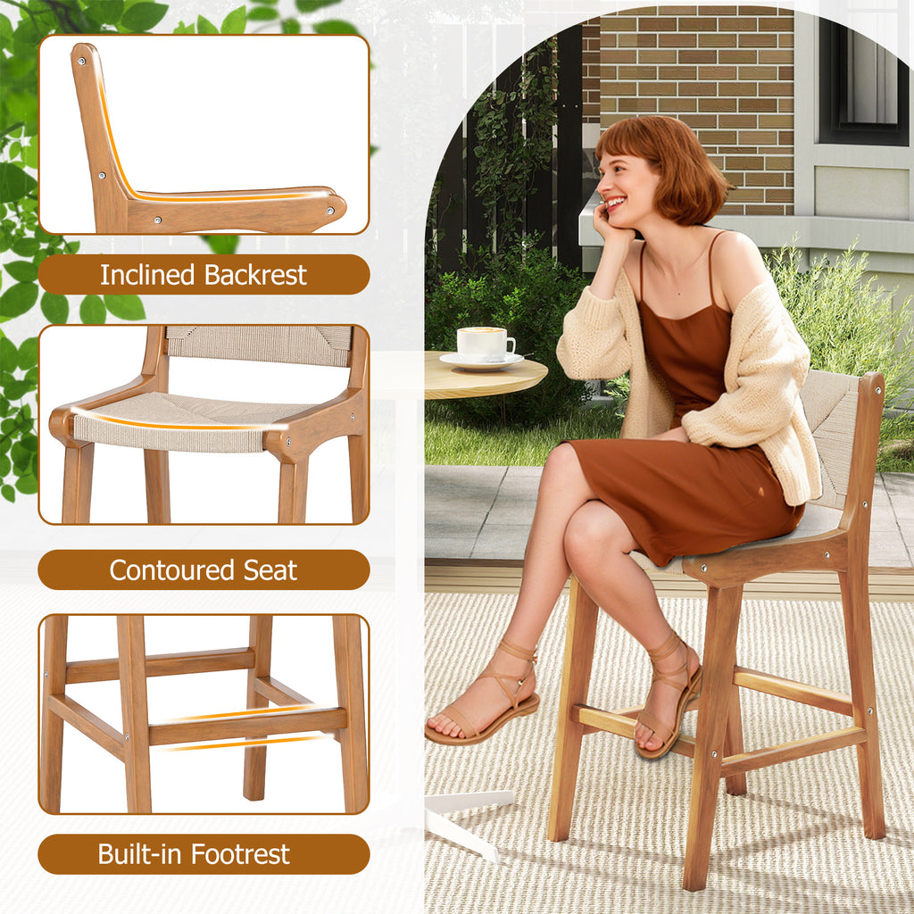 Set of 2 Outdoor Counter Height Bar Stool Woven Paper Rope Patio