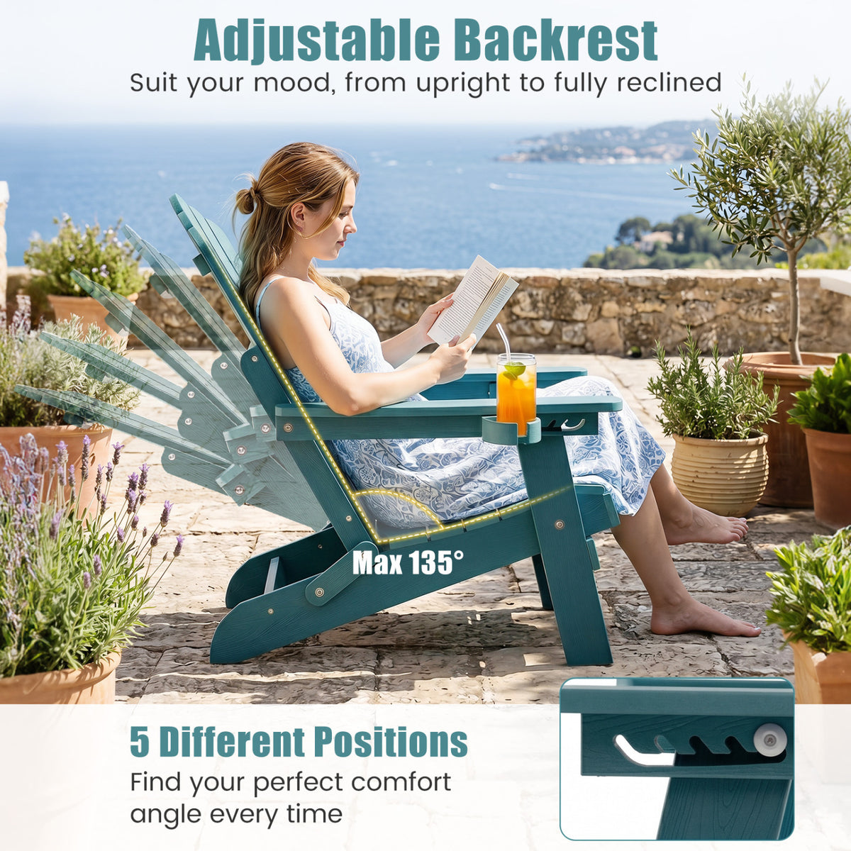 Set of 2 Outdoor Folding Adirondack Chair with Cup Holder and 5-Level