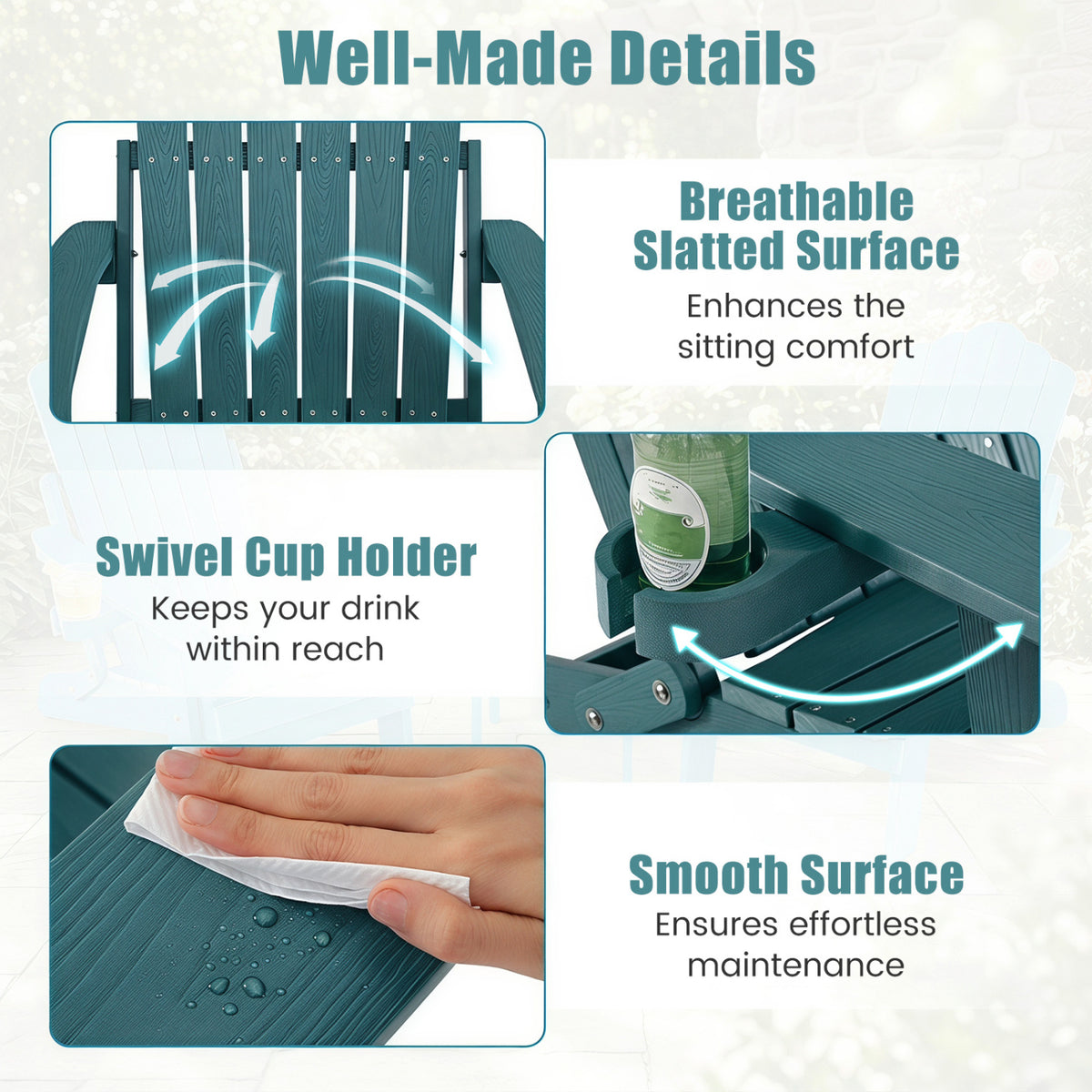 Set of 2 Outdoor Folding Adirondack Chair with Cup Holder and 5-Level