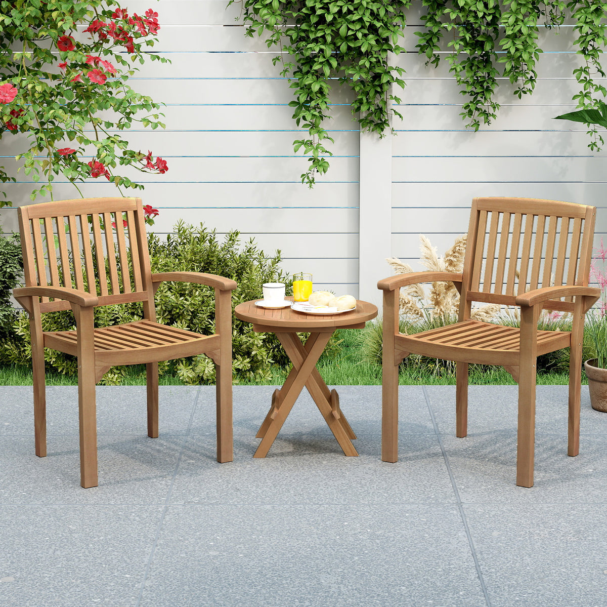 Set of 2 Outdoor Patio Chair with Slatted Seat and Curved