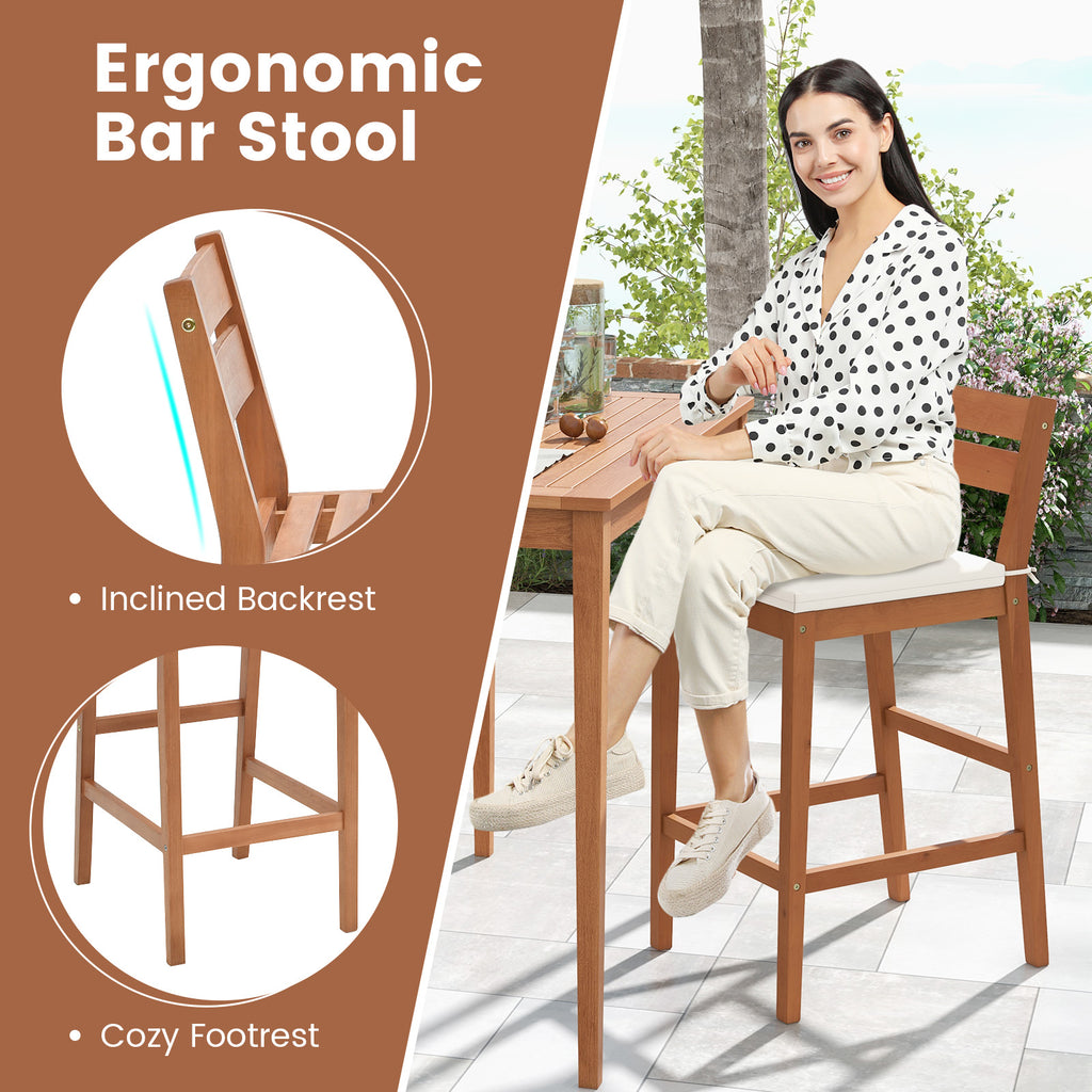 Set of 2 Outdoor Wood Barstools with Soft Seat Cushion