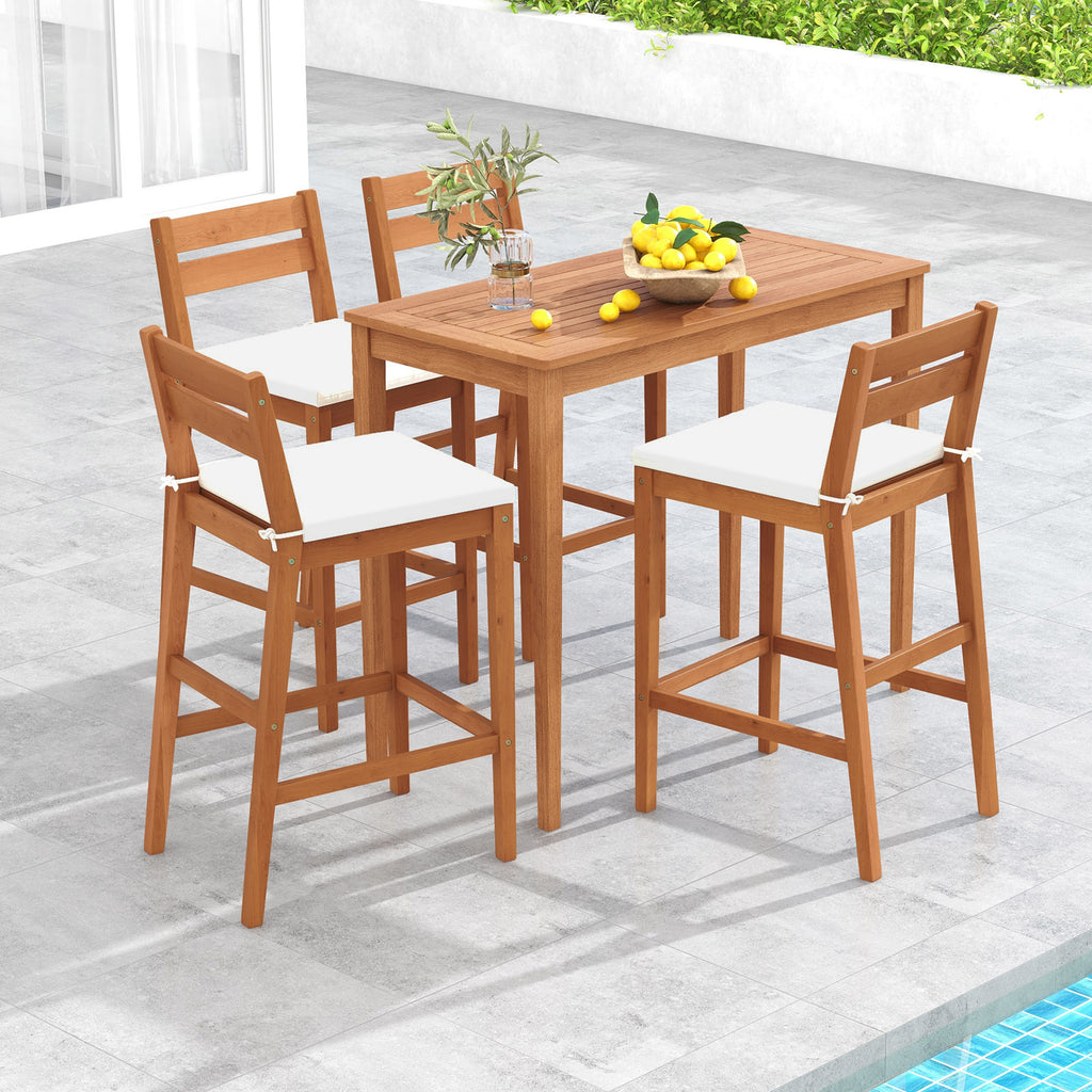 Set of 2 Outdoor Wood Barstools with Soft Seat Cushion