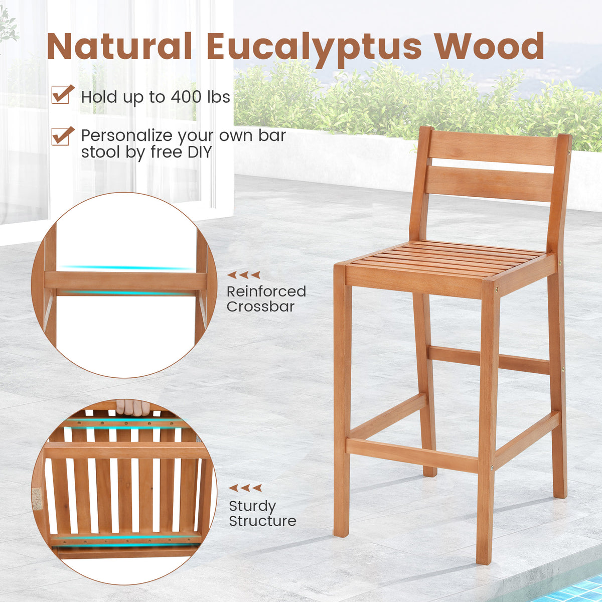 Set of 2 Outdoor Wood Barstools with Soft Seat Cushion