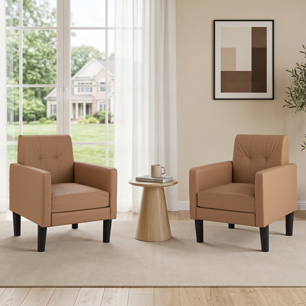 Set of 2 Modern Accent Chairs, Brown - PU Leather