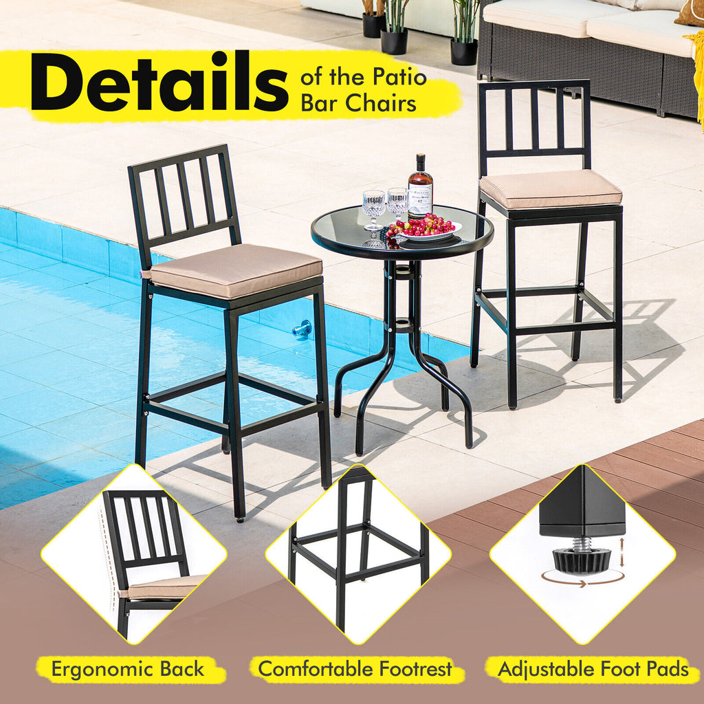 Set of 2 Patio Bar Chairs with Detachable Cushion and Footrest