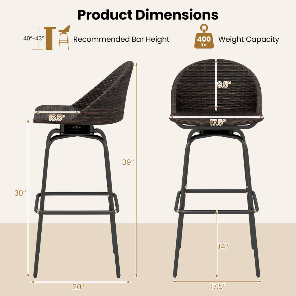 Set of 2 Patio Swivel Bar Stools with Rattan Seat 400 LBS for Garden