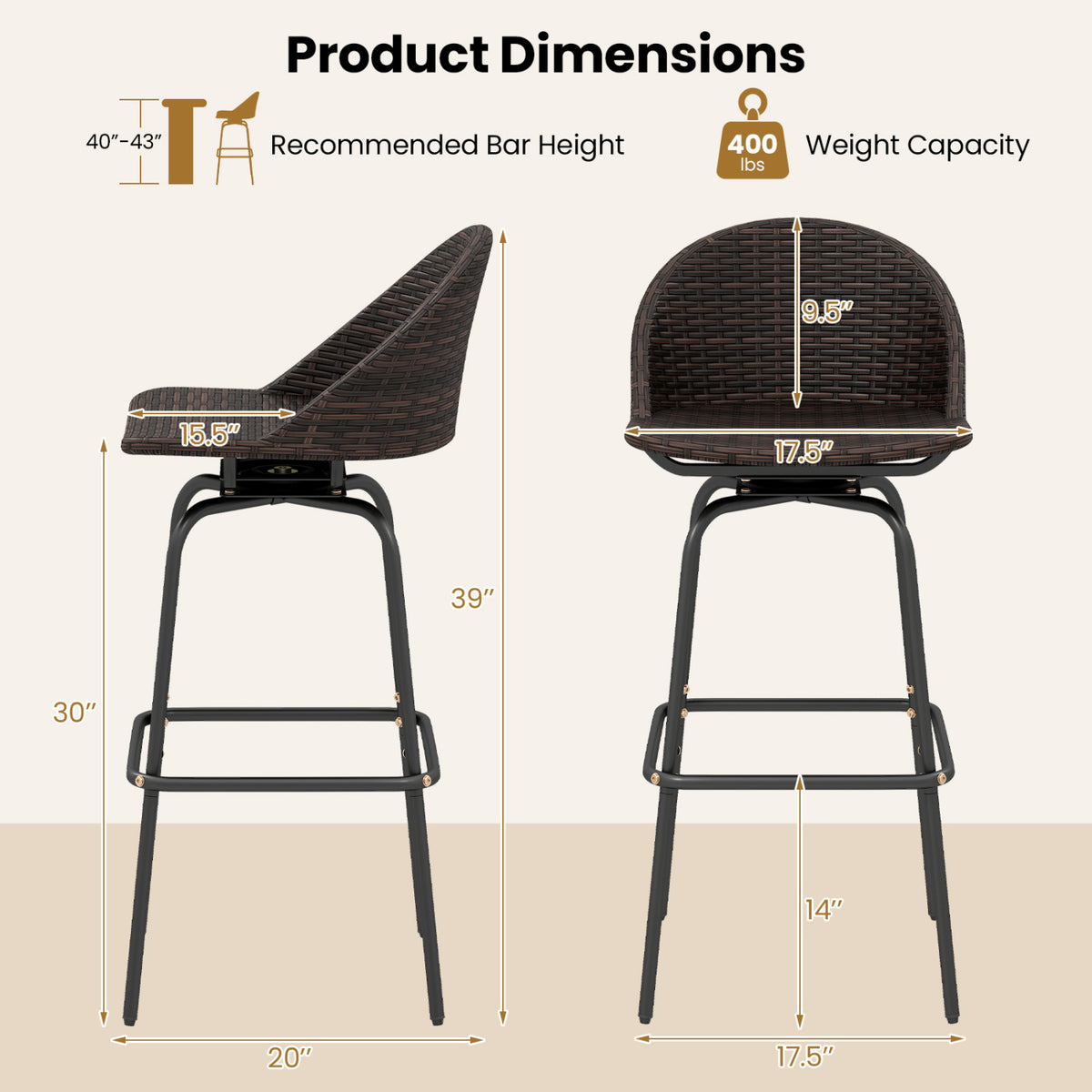 Set of 2 Patio Swivel Bar Stools with Rattan Seat 400 LBS for Garden