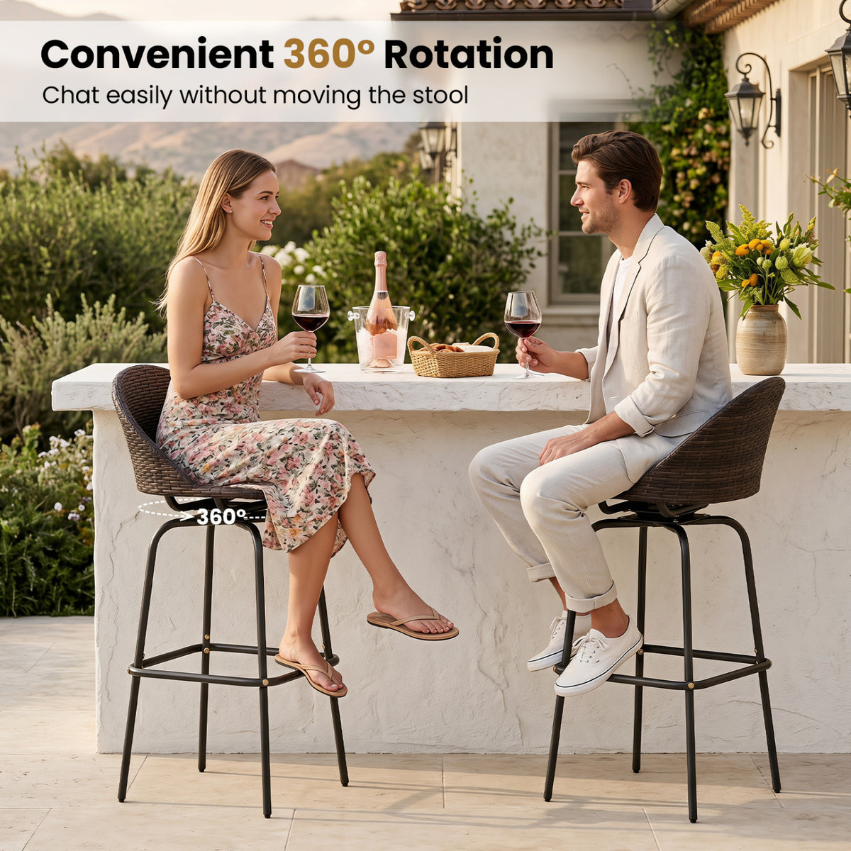 Set of 2 Patio Swivel Bar Stools with Rattan Seat 400 LBS for Garden