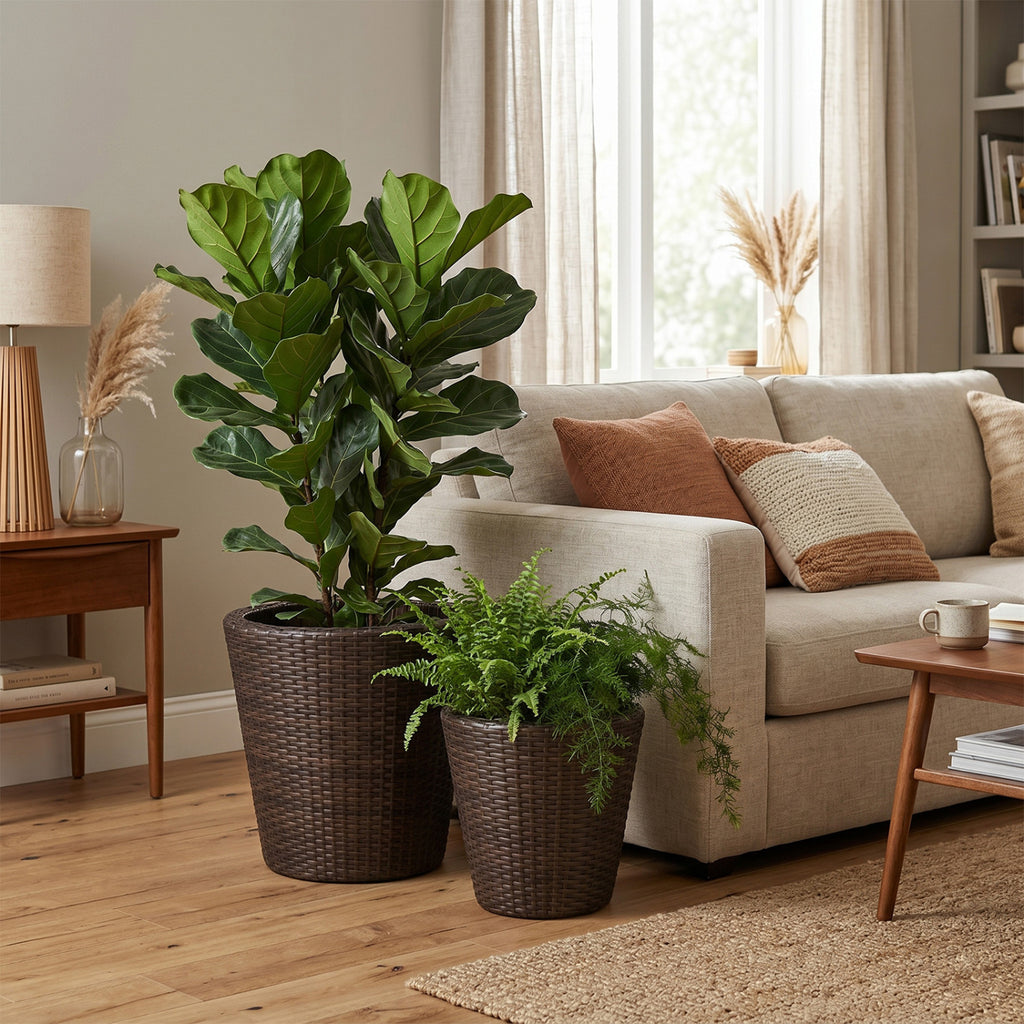 Set of 2 Plastic Taper Rattan Planters with Drainage Holes and Saucers