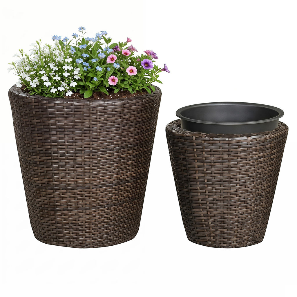 Set of 2 Plastic Taper Rattan Planters with Drainage Holes and Saucers