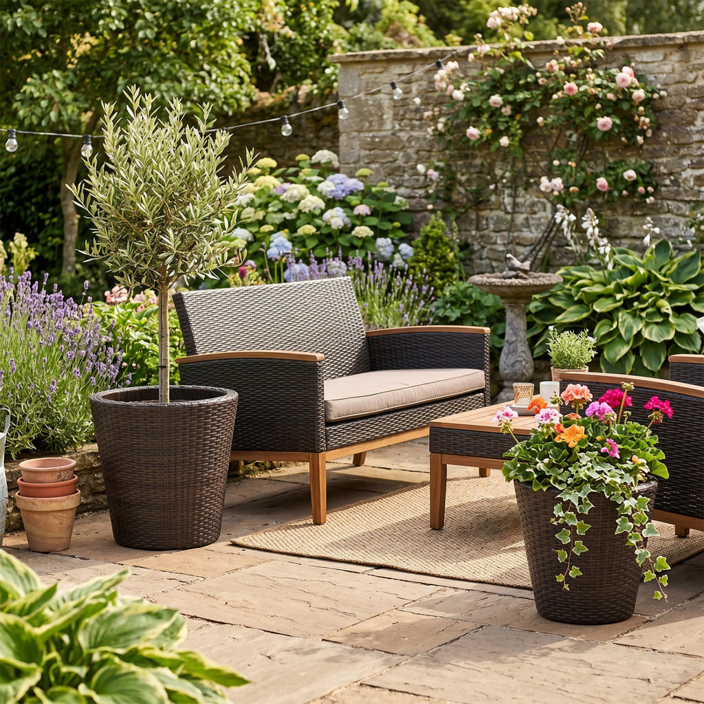 Set of 2 Plastic Taper Rattan Planters with Drainage Holes and Saucers