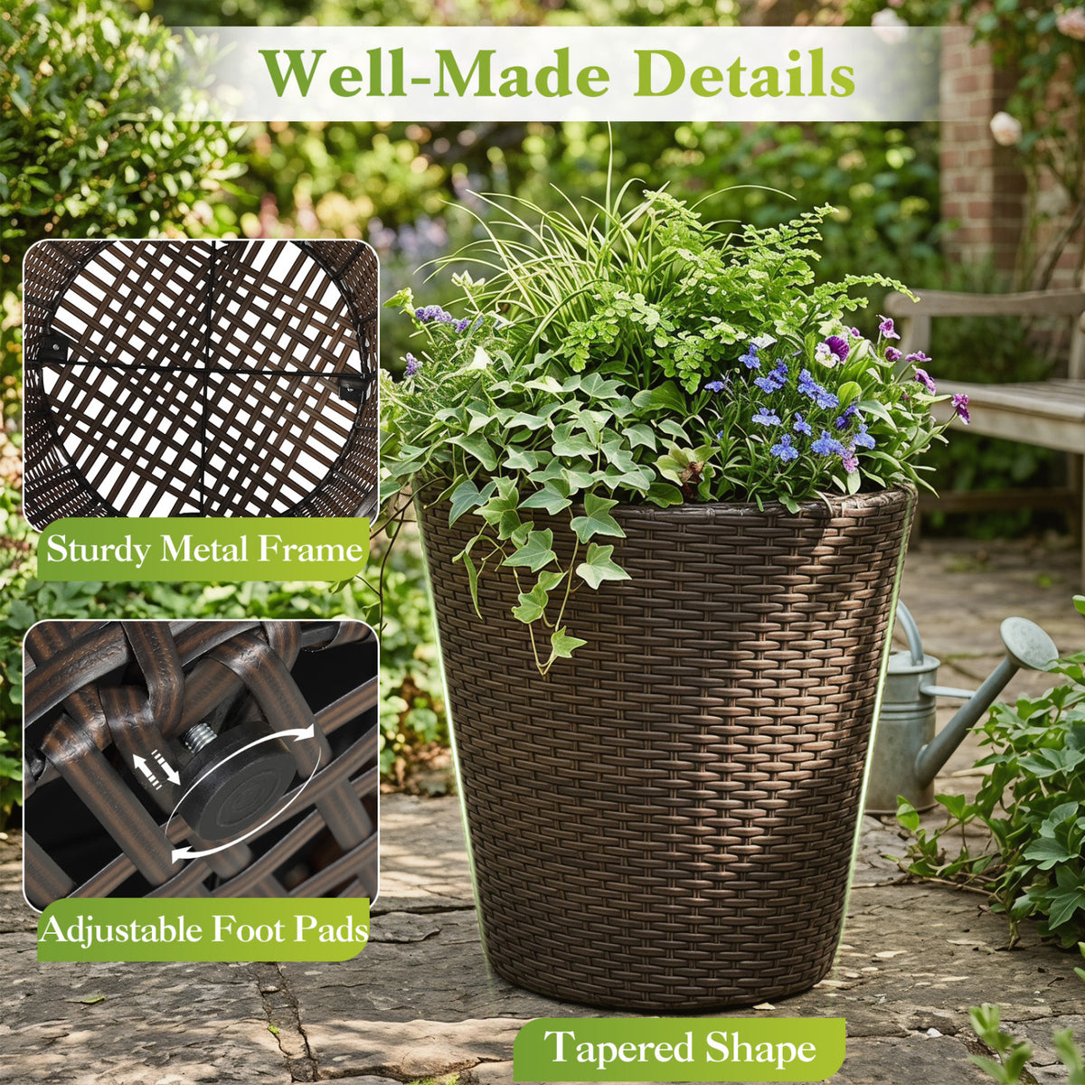 Set of 2 Plastic Taper Rattan Planters with Drainage Holes and Saucers