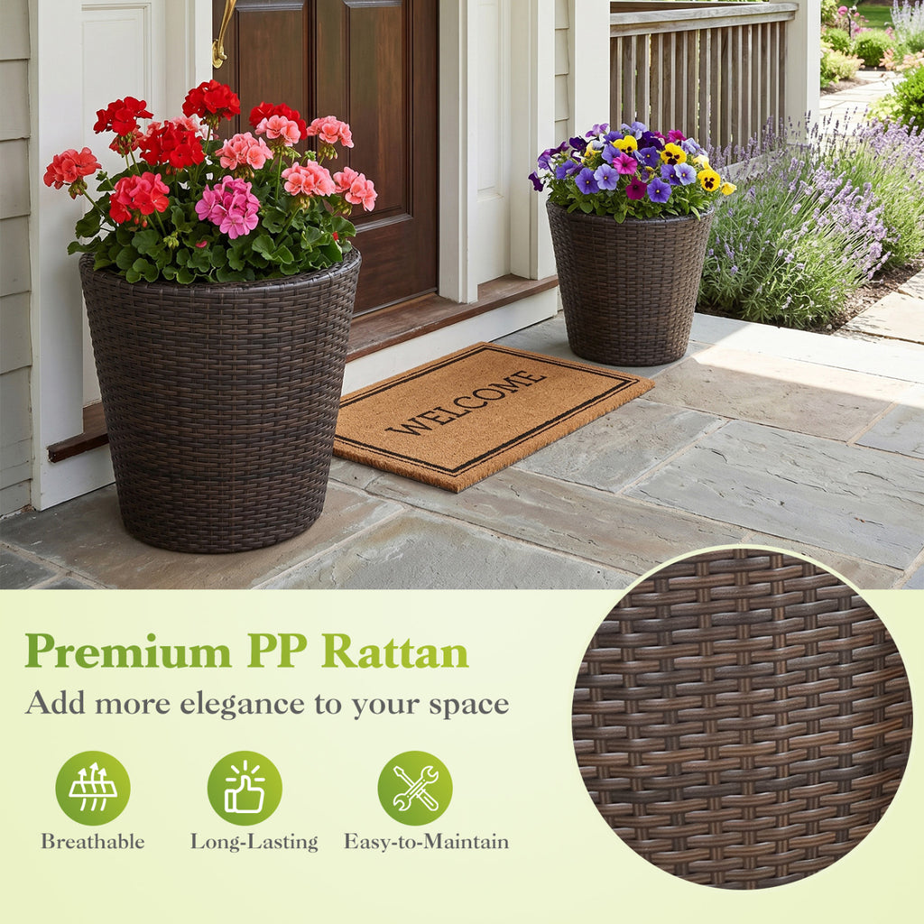 Set of 2 Plastic Taper Rattan Planters with Drainage Holes and Saucers