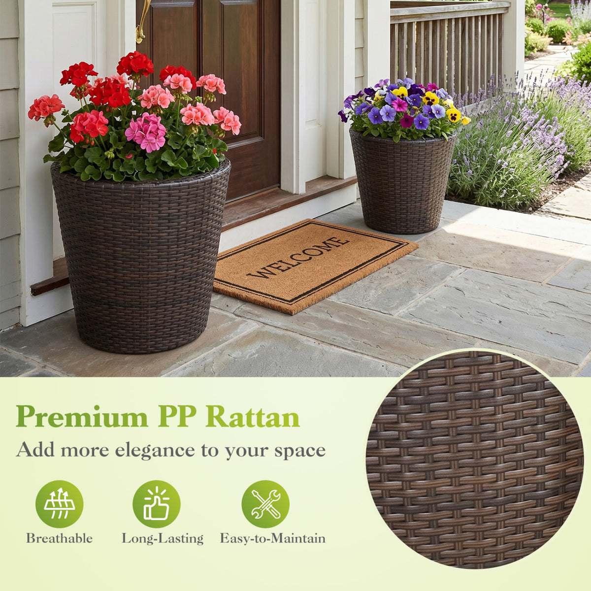 Set of 2 Plastic Taper Rattan Planters with Drainage Holes and Saucers