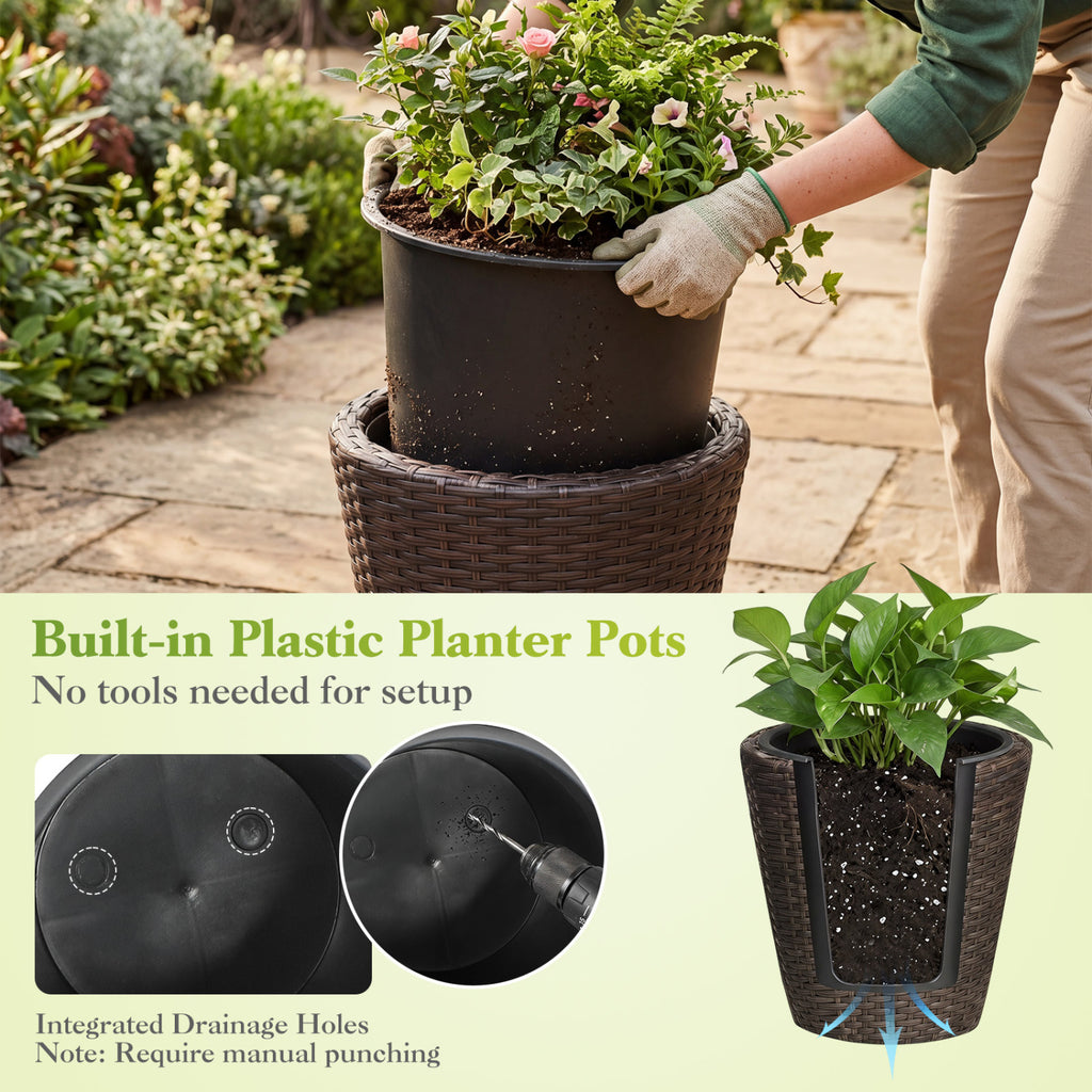Set of 2 Plastic Taper Rattan Planters with Drainage Holes and Saucers