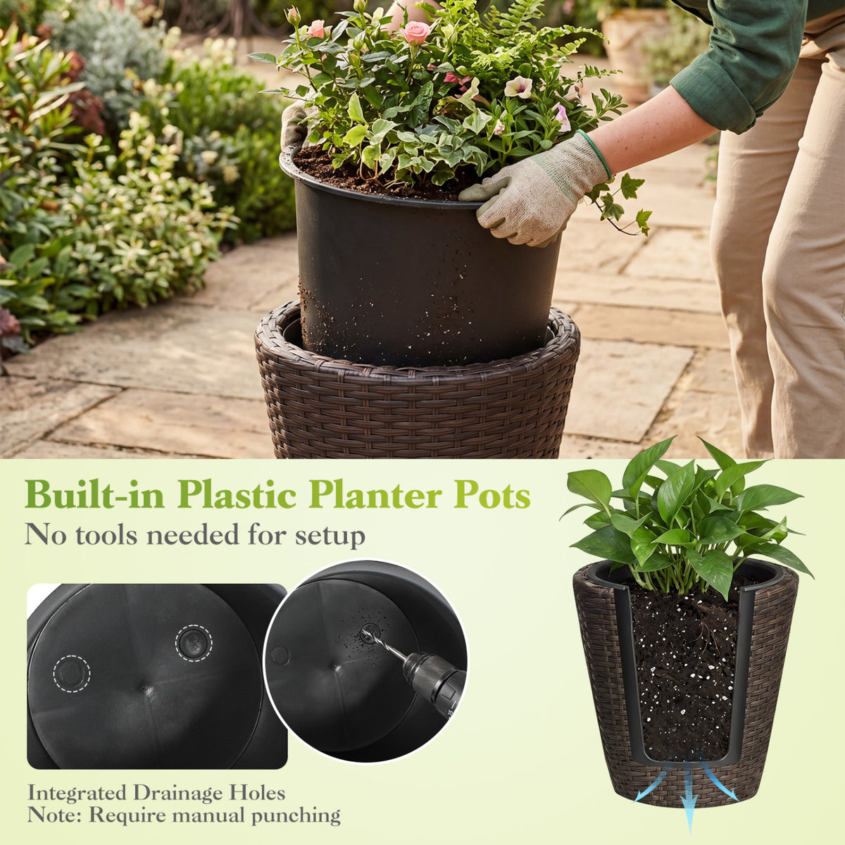 Set of 2 Plastic Taper Rattan Planters with Drainage Holes and Saucers